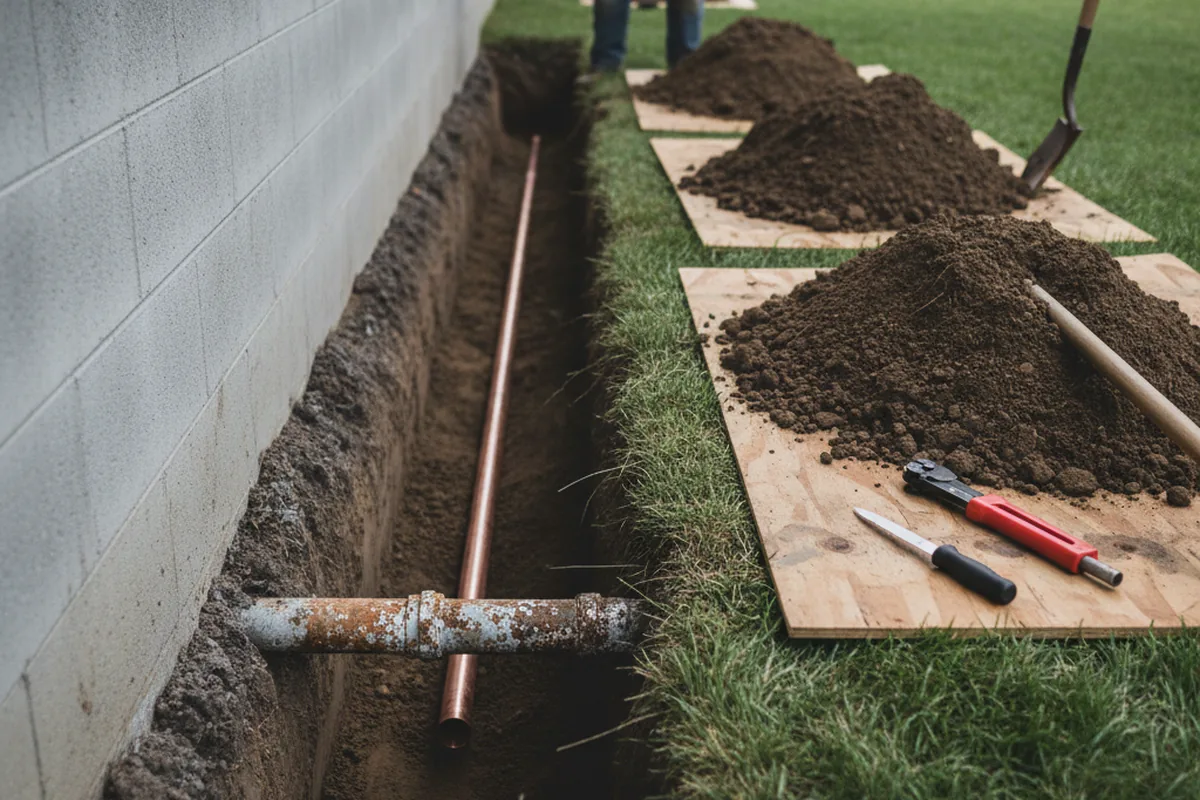 Excavated water line trench during Water Softener Installation in Dendron